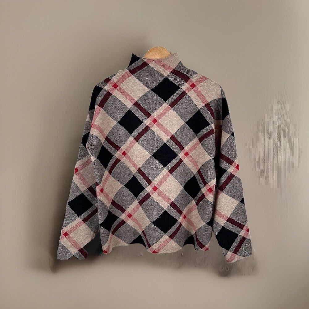 Rachel Zoe Sweater Womens L Beige Multi Nova Check Plaid Jacquard Mock Neck EUC